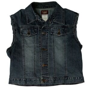 Lee Women's Denim Vest Distressed Raw Hem Blue Size L